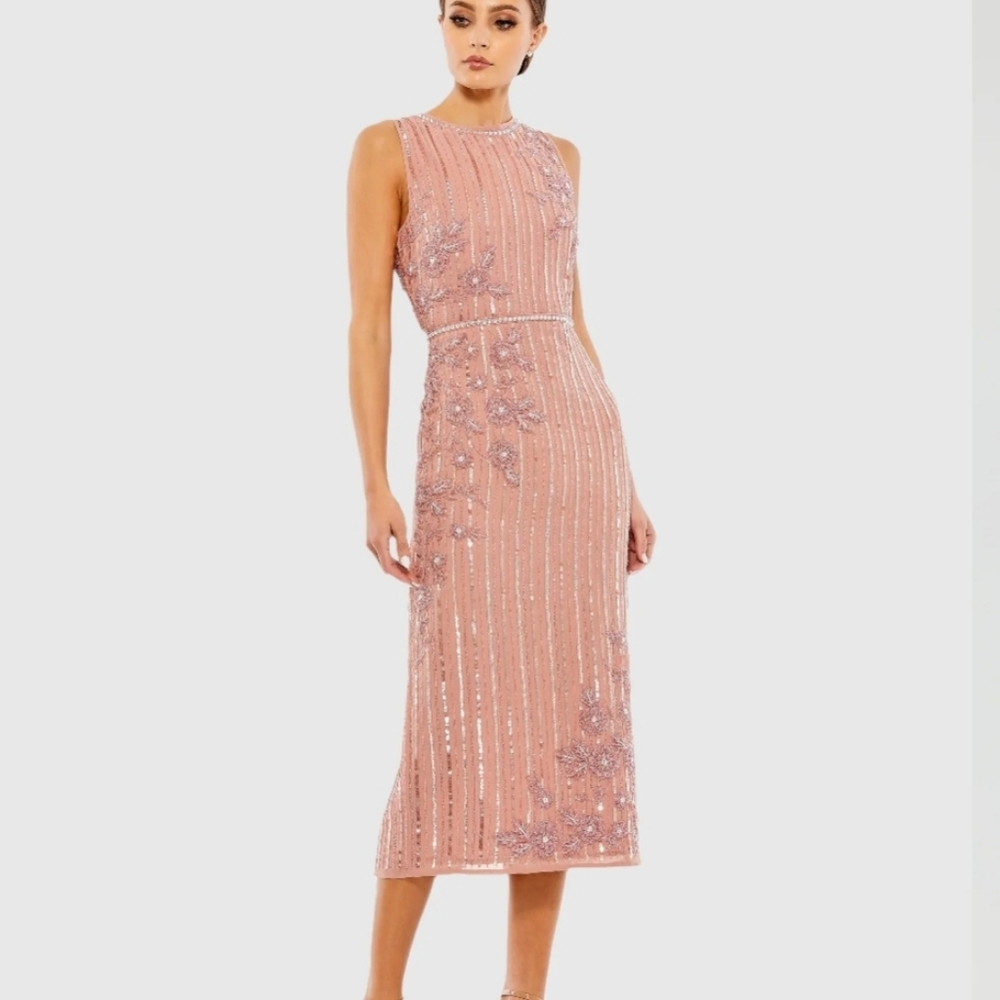 Women's Striped Floral Embellished Sleeveless Midi Dress